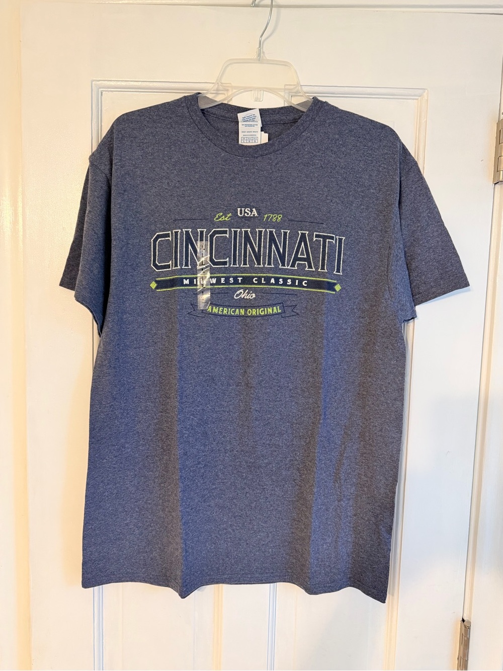 Gildan Cincinnati Graphic Tee in Heather Blue with Lime Accents